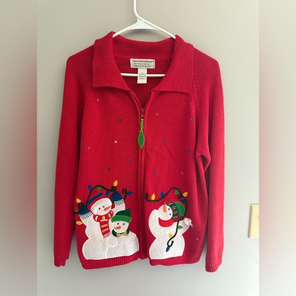 Tiara International Christmas Sweater Woman’s SZ S Red Snowman Full Zip Holiday